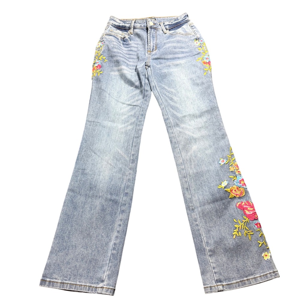 Flamingals Jeans Womens Blue Floral Embroidered Straight Leg Boho Small